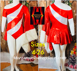 CANDY CANE ONE SHOULDER FUR TRIM HOLOGRAM STRETCH LEOTARD