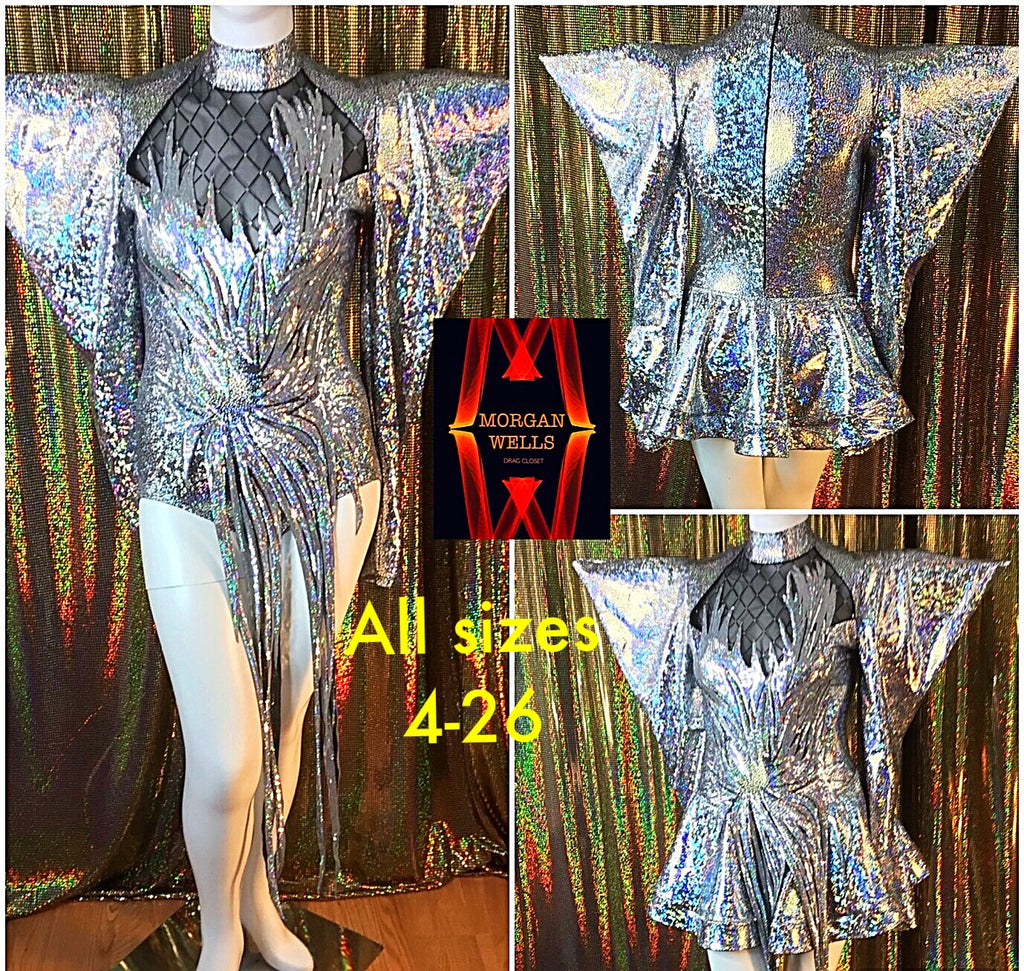 SILVER BIG SHOULDER SEQUIN TRIMMED LEOTARD AND MATCHING SKIRT