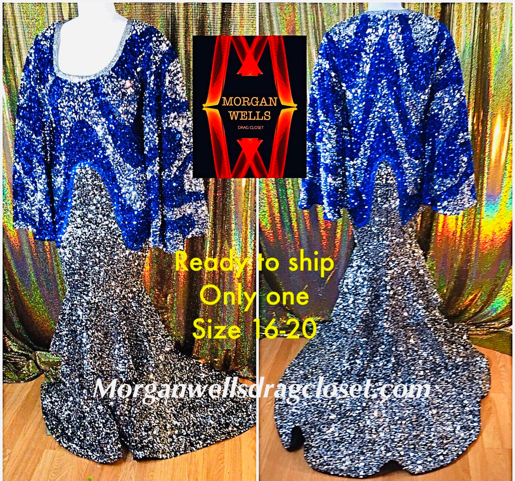 BLUE AND SILVER SEQUIN GOWN SIZE 16-20 READY TO SHIP