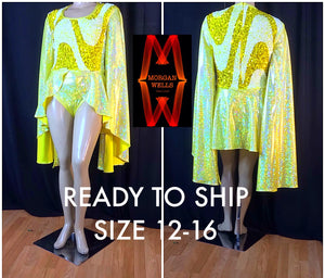 SEQUIN AND HOLOGRAM SPANDEX LEOTARD IN YELLOW SIZE 12-16 READY TO SHIP