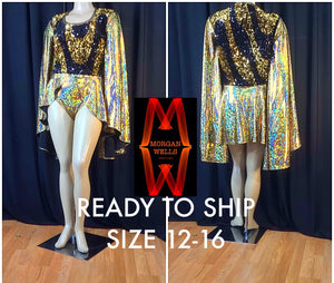 READY TO SHIP WAVIE SEQUIN AND HOLOGRAM SPANDEX LEOTARD IN GOLD SIZE 12-16