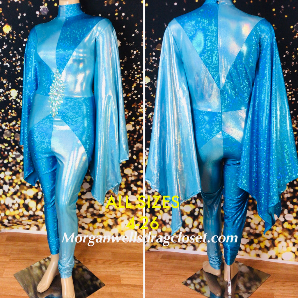 PINWHEEL HOLOGRAM AND STONE TRIM CATSUIT IN TURQUOISE