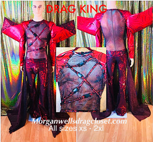 DRAG KING RED AND BLACK HOLOGRAM BUCKLE TRIMMED JUMPSUIT