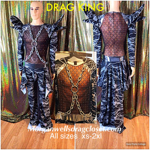 DRAG KING BLACK AND SILVER LIGHTNING PRINT CHAIN TRIMMED JUMPSUIT