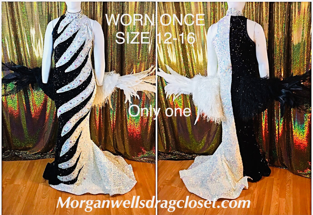 WORN ONCE BLACK AND WHITE SEQUIN GOWN WITH STONES AND FEATHERS SIZE 12-16