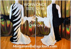 WORN ONCE BLACK AND WHITE SEQUIN GOWN WITH STONES AND FEATHERS SIZE 12-16