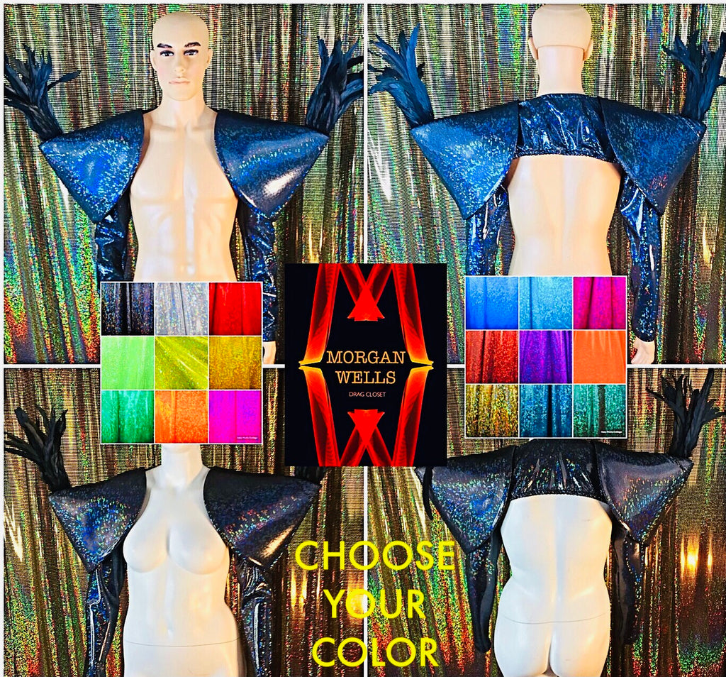 CHOOSE YOUR COLOR HOLOGRAM AND FEATHER PADDED SHOULDER SHRUG