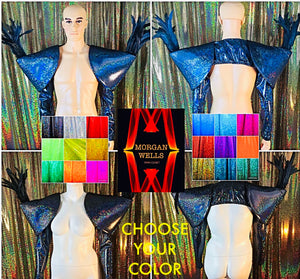 CHOOSE YOUR COLOR HOLOGRAM AND FEATHER PADDED SHOULDER SHRUG