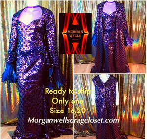 DEEP PURPLE SEQUIN GOWN  AND MATCHING SLEEVELESS COAT SIZE 16-20 READY TO SHIP