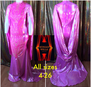 HOLOGRAM AND SEQUIN CAPE SLEEVE GOWN IN PINK