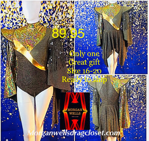 HOLIDAY SPECIAL GOLD AND BLACK LEOTARD AND SKIRT  SIZE 16-20 READY TO SHIP