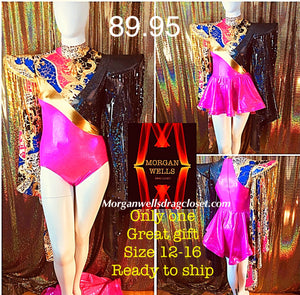 HOLIDAY SPECIAL PINK AND BLACK LEOTARD AND SKIRT SIZE 12-16  READY TO SHIP