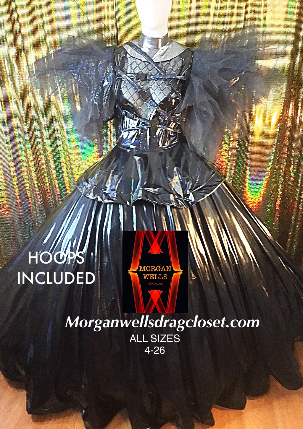 BLACK STRETCH VINYL GOTH BALL GOWN (HOOPS INCLUDED)