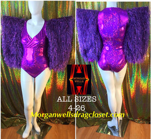 HOLOGRAM LEOTARD WITH FAUX FEATHER POINTED SHOULDER SLEEVES IN PURPLE