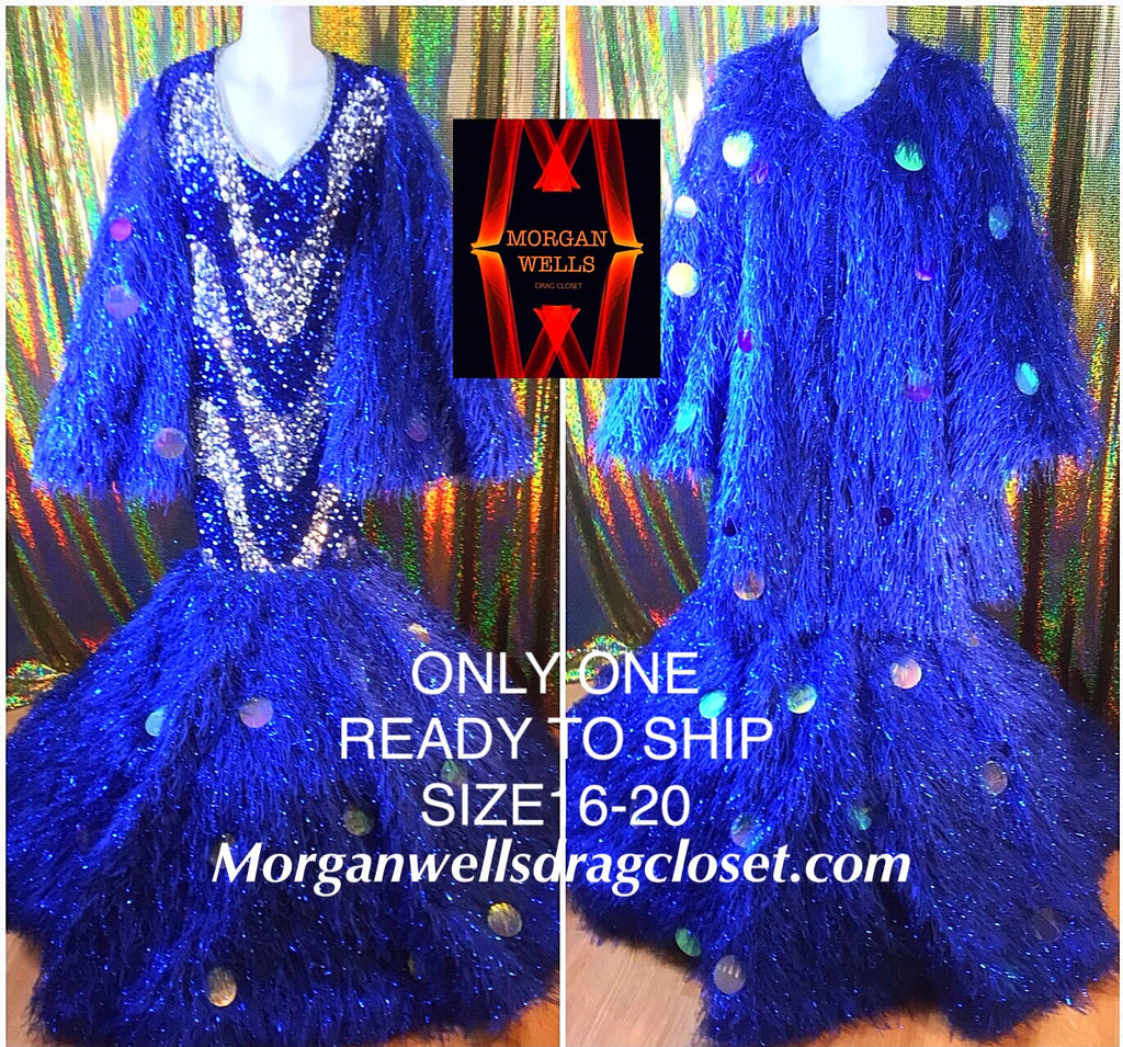 READY TO SHIP BLUE FAUX FEATHER AND SEQUIN DRESS AND MATCHING SLEEVELESS COAT SIZE 16-20