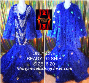 READY TO SHIP BLUE FAUX FEATHER AND SEQUIN DRESS AND MATCHING SLEEVELESS COAT SIZE 16-20