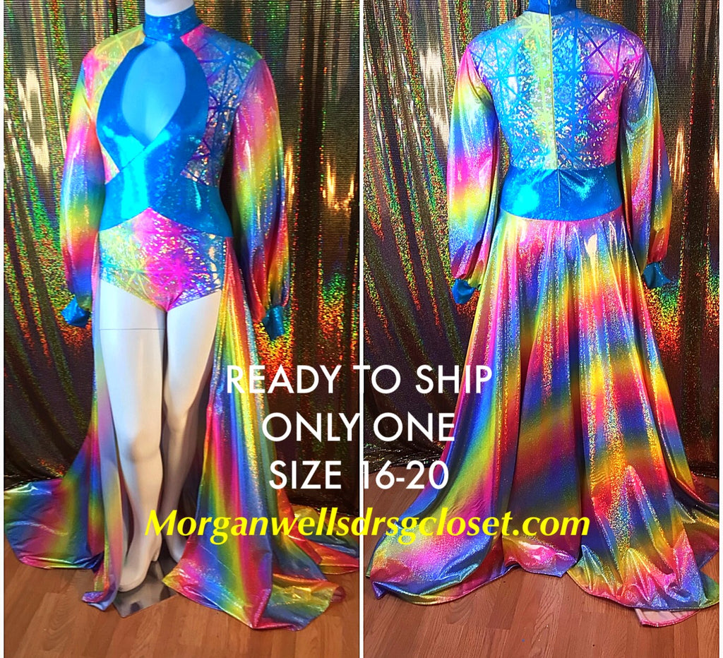 READY TO SHIP MULTI COLORED LEOTARD WITH TRAIN SIZE 16-20