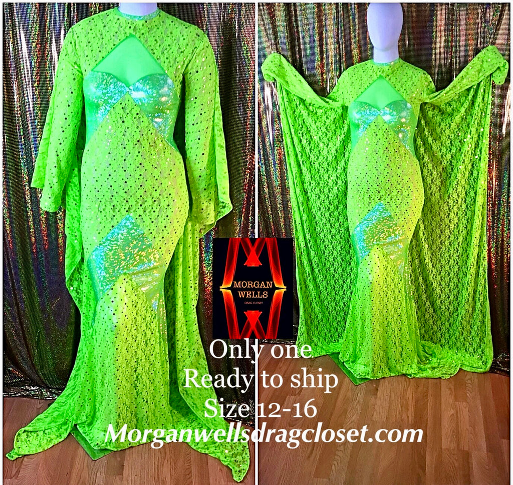 READY TO SHIP LIME GREEN SEQIN LACE AND HOLOGRAM CAPE BACK GOWN SIZE 12-16