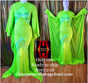 READY TO SHIP LIME GREEN SEQIN LACE AND HOLOGRAM CAPE BACK GOWN SIZE 12-16