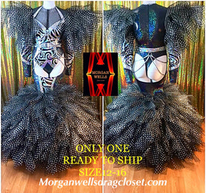 READY TO SHIP BLACK AND SILVER RUFFLED LEOTARD  AND MATCHING BALL SKIRT SIZE 12-16