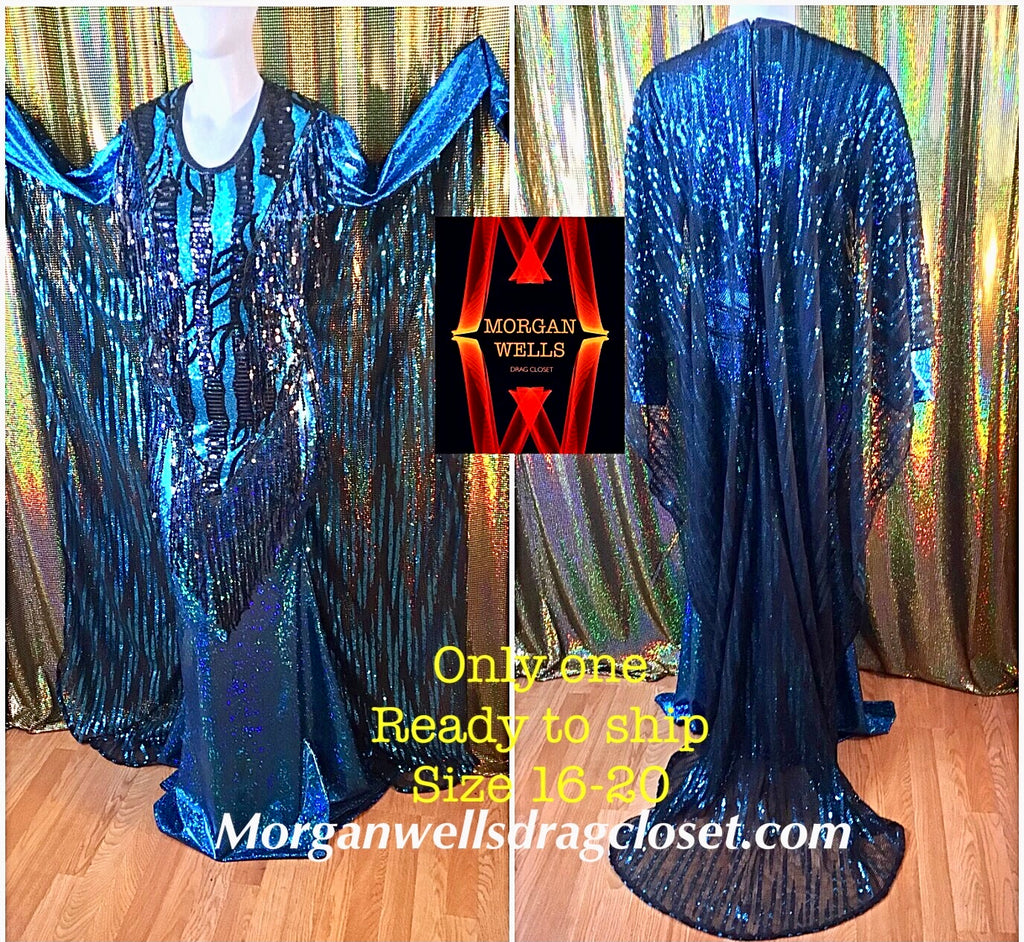 READY TO SHIP TEAL AND BLACK SEQUIN AND HOLOGRAM CAPE BACK GOWN SIZE 16-20