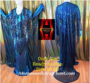READY TO SHIP TEAL AND BLACK SEQUIN AND HOLOGRAM CAPE BACK GOWN SIZE 16-20