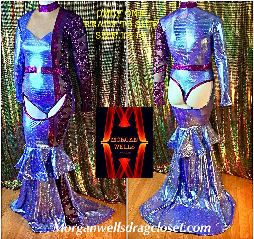 READY TO SHIP PURPLE HOLOGRAM AND SEQUIN LEOTARD  AND MATCHING SKIRT SIZE 12-16