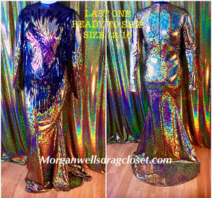 READY TO SHIP GOLD AND BLACK HOLOGRAM SPANDEX AND SEQUIN DRESSS  SIZE 12-16