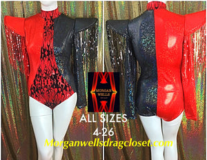 SEQUIN FRINGE TRIM DANCE LEOTARD IN RED AND BLACK