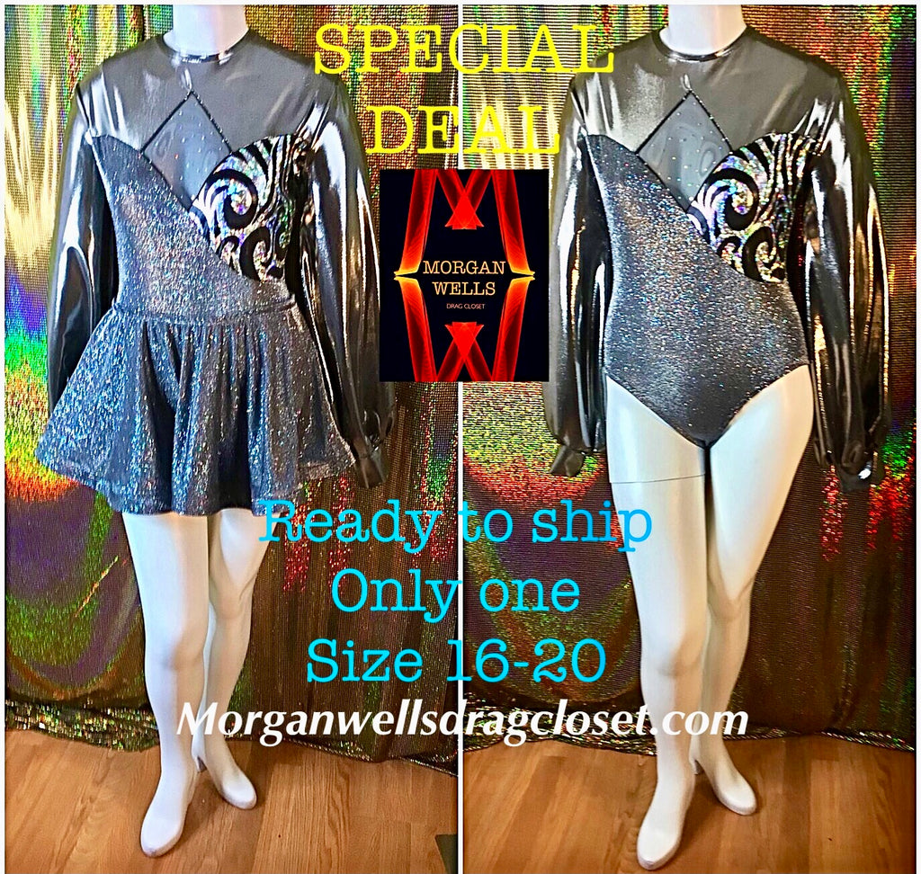 READY TO SHIP SPECIAL SILVER AND BLACK LEOTARD AND SKIRT SIZE 16-20
