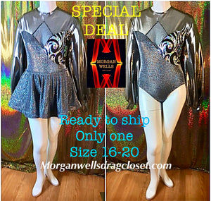 READY TO SHIP SPECIAL SILVER AND BLACK LEOTARD AND SKIRT SIZE 16-20