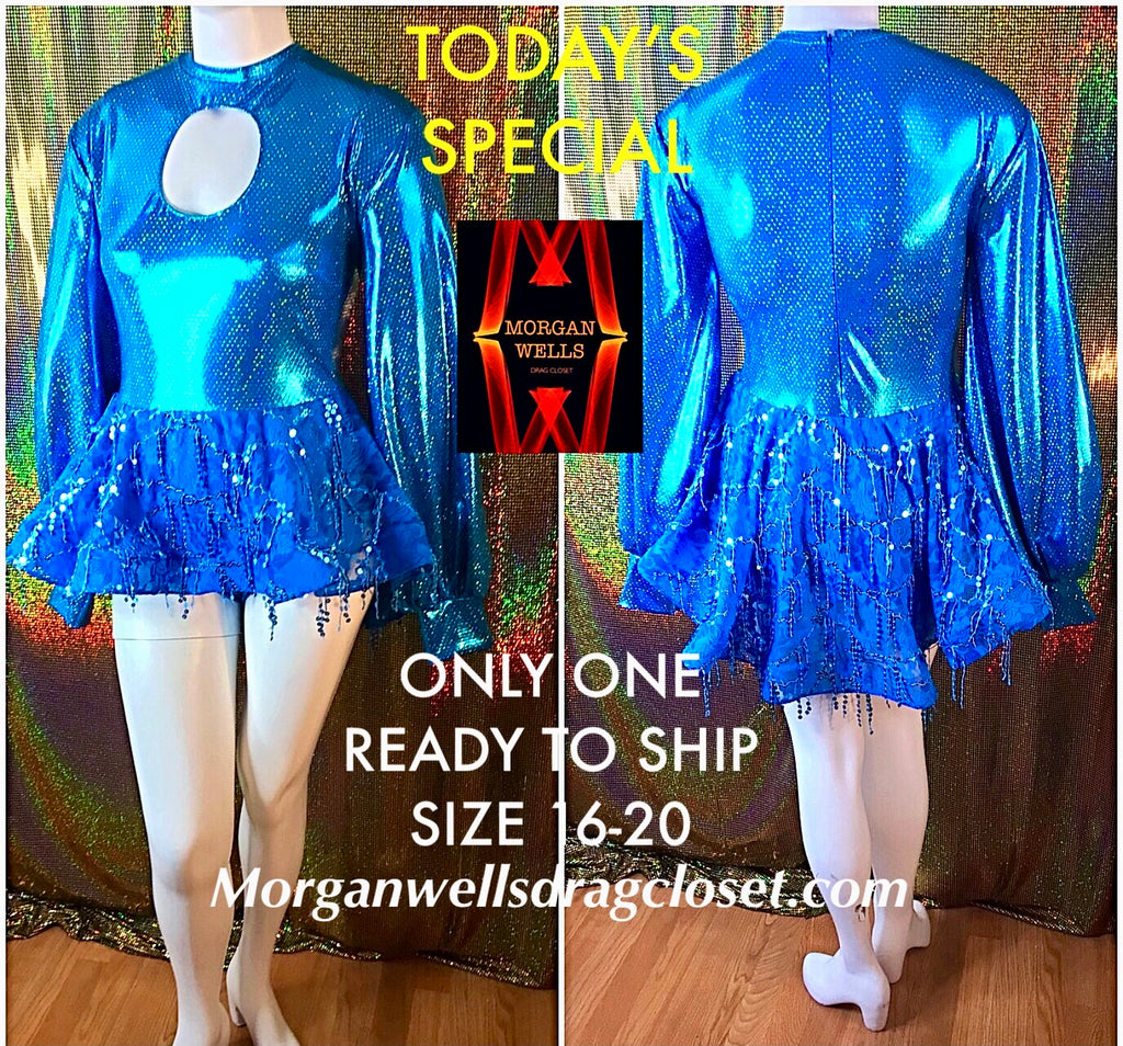READY TO SHIP TODAYS SPECIAL TURQUOISE SPANDEX AND SEQUIN LEOTARD DRESS SIZE 16-20