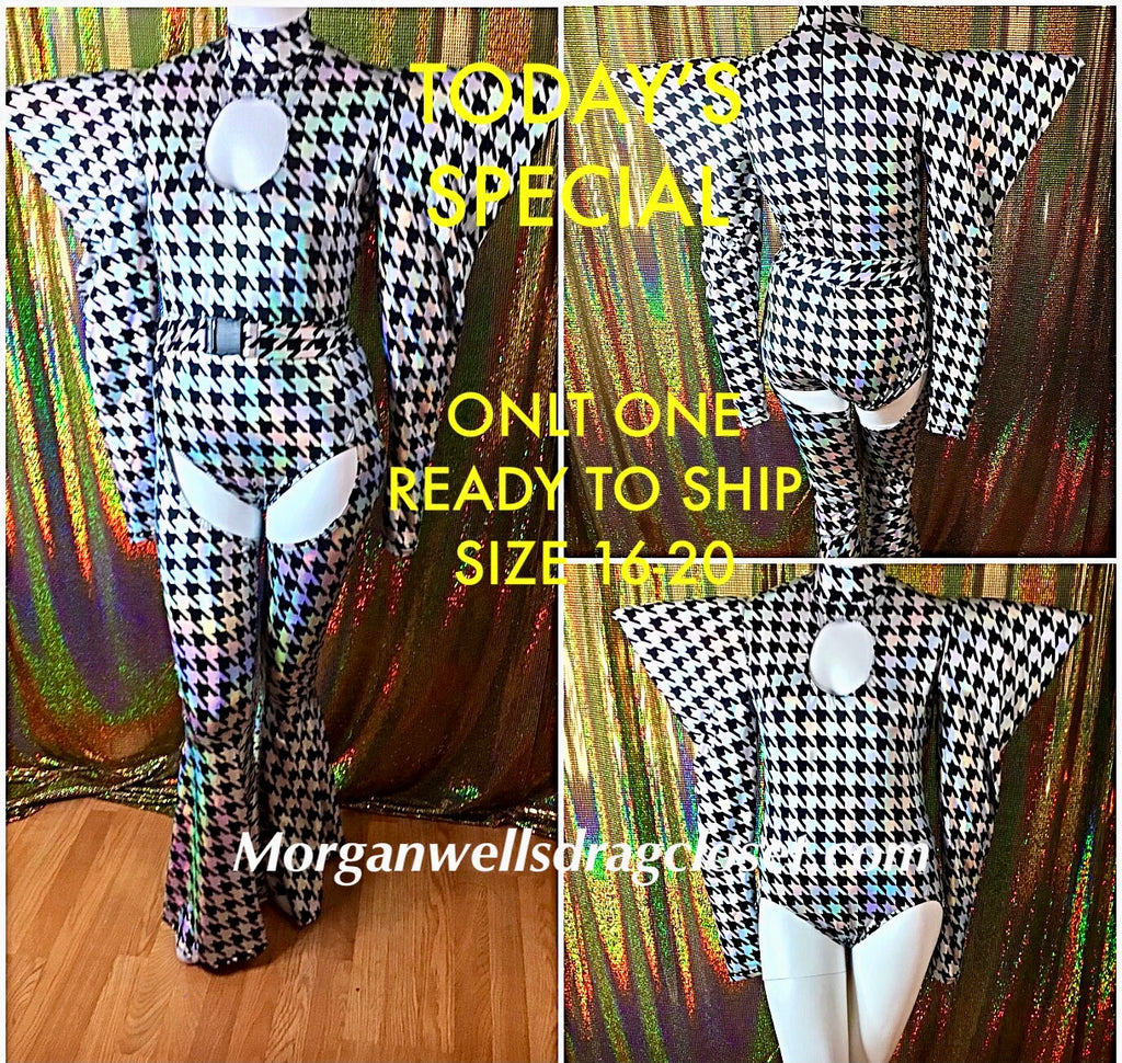 READY TO SHIP TODAYS SPECIAL HOUNDSTOOTH SPANDEX LEOTARD AND CHAPS SIZE 16-20