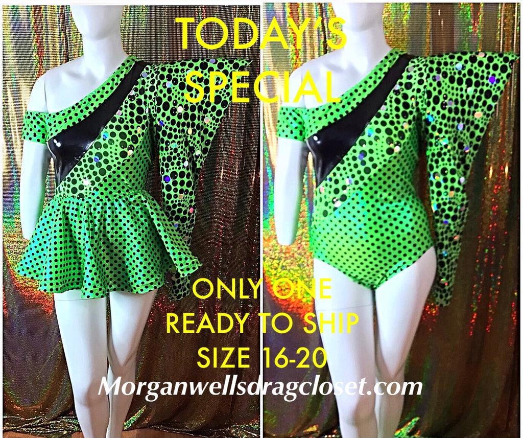READY TO SHIP TODAYS SPECIAL LIME ONE SHOULDER SPANDEX LEOTARD AND SKIRT SIZE 16-20