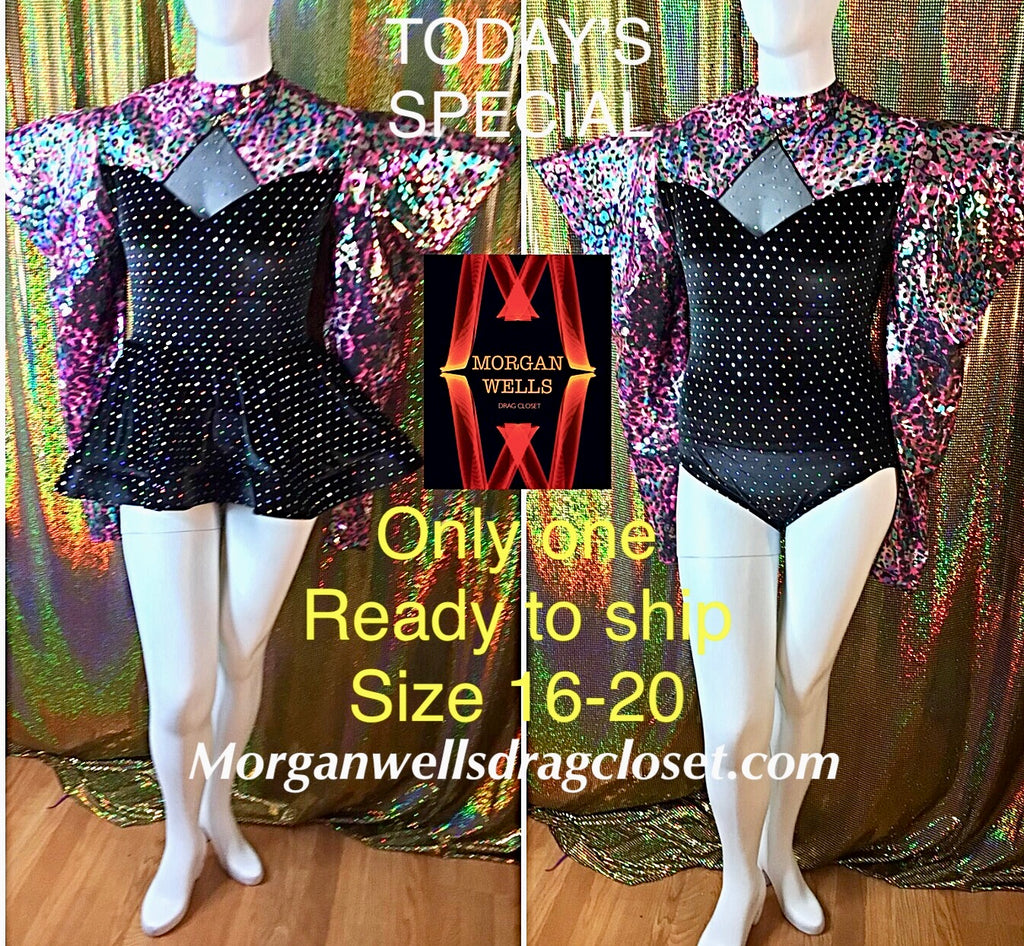 READY TO SHIP TODAYS SPECIAL BLACK VELVET AND PRINT LEOTARD AND SKIRT SIZE 16-20