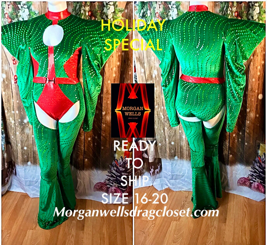 READY TO SHIP HOLIDAY SPECIAL GREEN STRETCH VELVET LEOTARD AND CHAPS SIZE 16-20