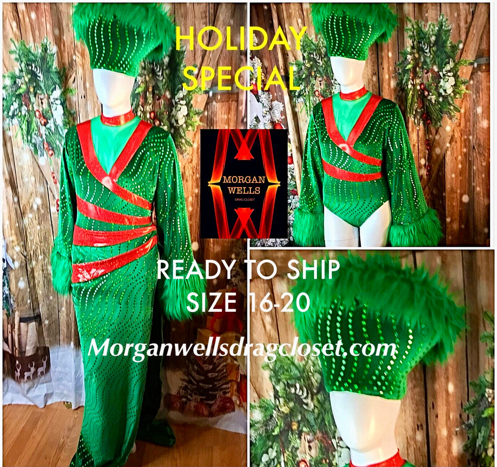 READY TO SHIP HOLIDAY SPECIAL GREEN VELVET SEQUIN LEOTARD HAT AND SKIRT SIZE 16-20