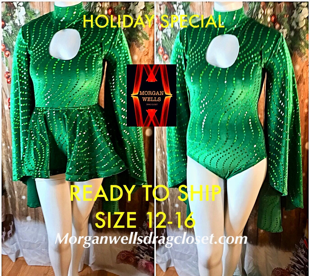 READY TO SHIP SPECIAL GREEN VELVET  LEOTARD AND SKIRT SIZE 12-16