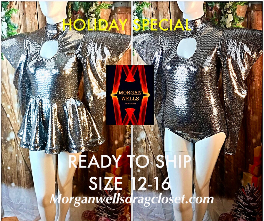 READY TO SHIP SPECIAL SILVER  PADDED SHOULDER LEOTARD AND SKIRT SIZE 12-16