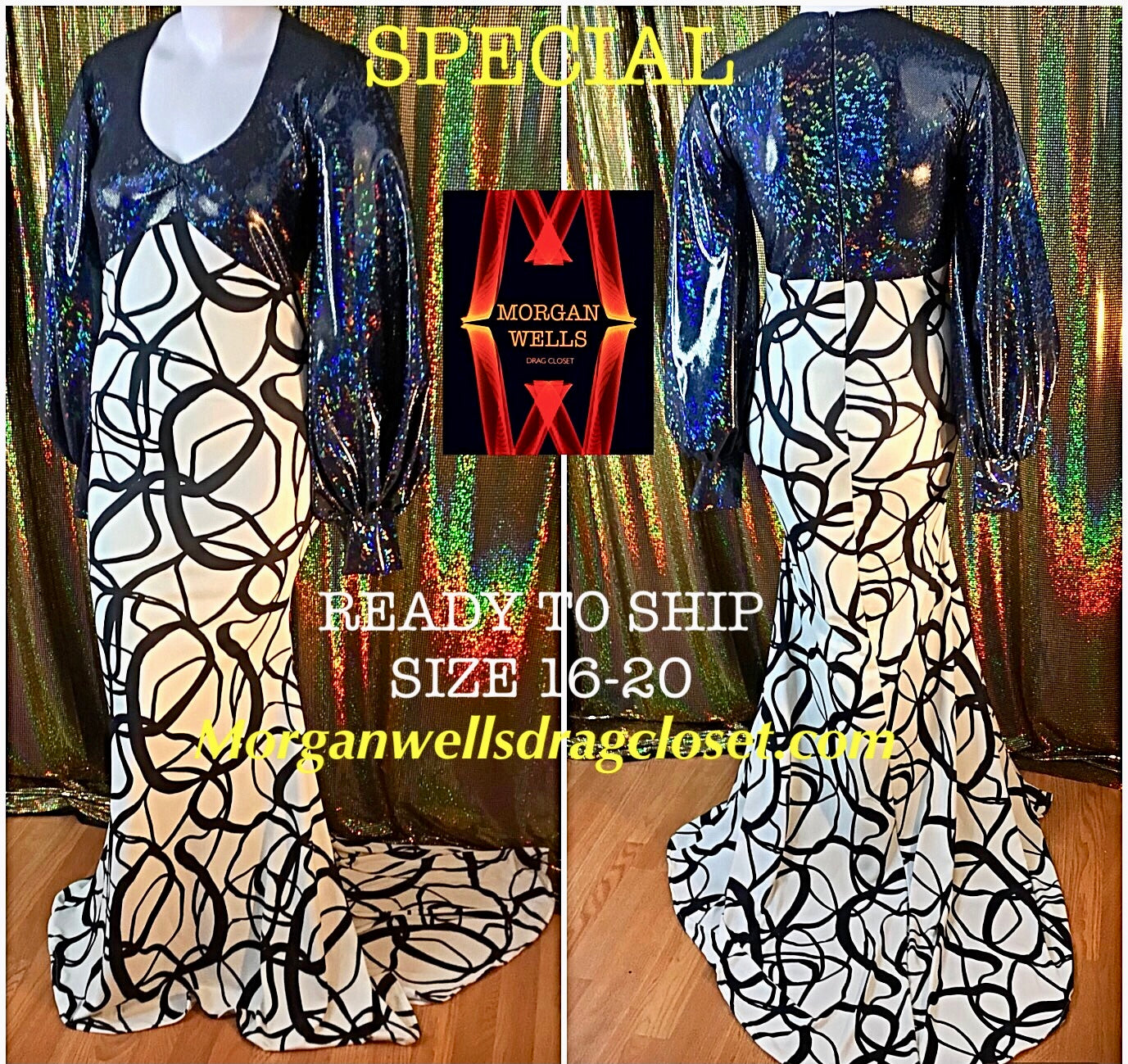 READY TO SHIP BLACK AND IVORY STRETCH DRESS SIZE 16-20  MORGAN WELLS DRAG  CLOSET