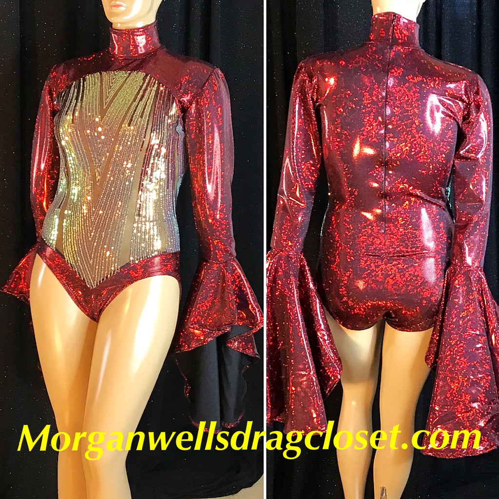 STAR SHINE SEQUIN AND HOLOGRAM LEOTARD IN RUBY