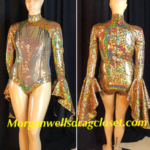 STAR SHINE SEQUIN AND HOLOGRAM LEOTARD IN ANTIQUE GOLD