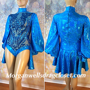 PUFF SLEEVE SEQUIN AND HOLOGRAM LEOTARD IN TURQUOISE