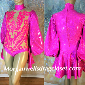 PUFF SLEEVE SEQUIN AND HOLOGRAM LEOTARD IN HOT PINK