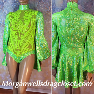 PUFF SLEEVE SEQUIN AND HOLOGRAM LEOTARD IN LIME GREEN