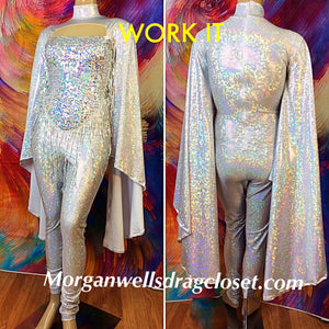 WORK IT! HOLOGRAM AND SEQUIN CATSUIT IN SILVER