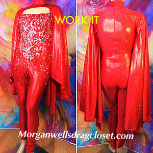 WORK IT! HOLOGRAM AND SEQUIN CATSUIT IN RED