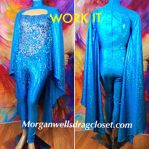 WORK IT! HOLOGRAM AND SEQUIN CATSUIT IN TURQUOISE
