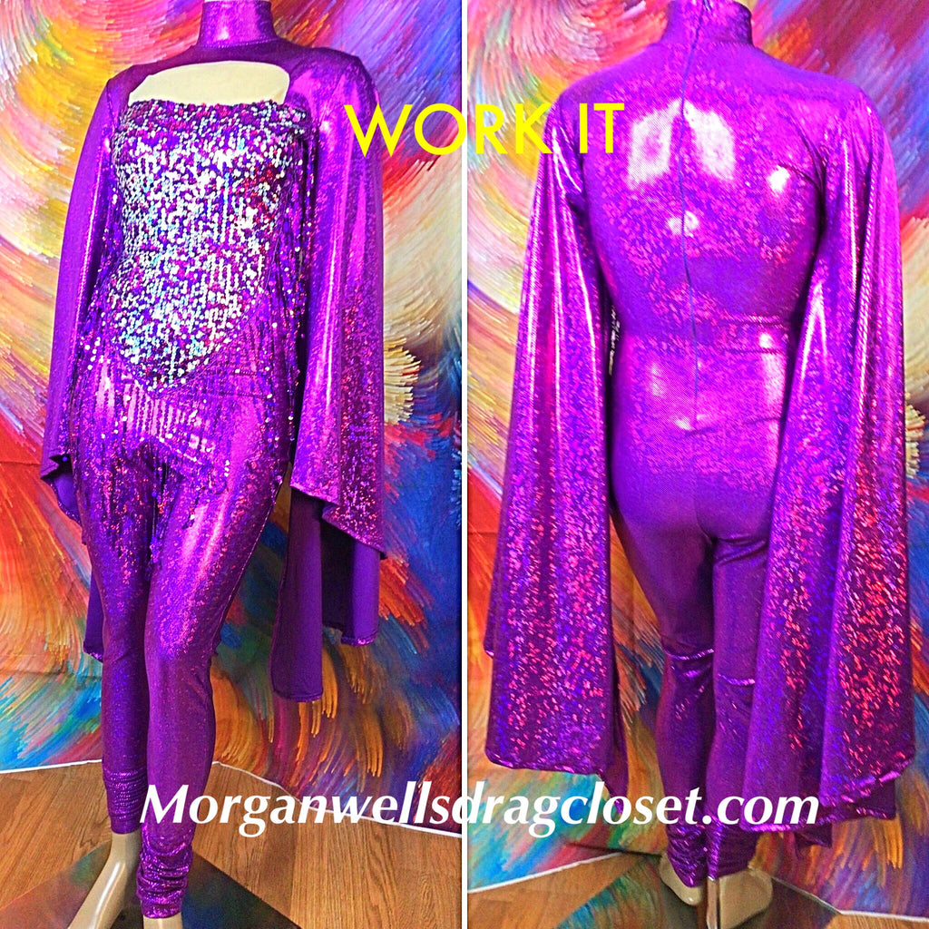 WORK IT! HOLOGRAM AND SEQUIN CATSUIT IN PURPLE