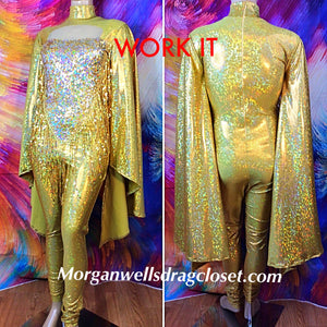 WORK IT! HOLOGRAM AND SEQUIN CATSUIT IN GOLD